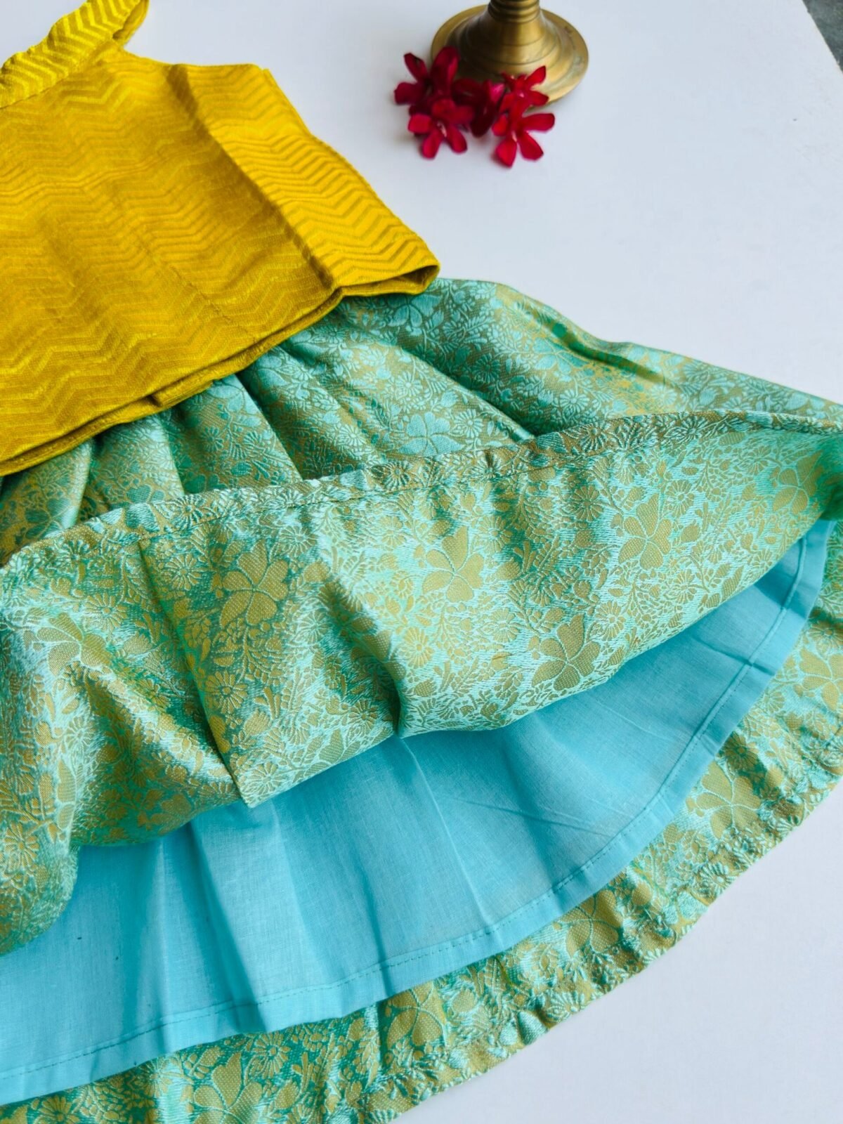 Banarasi Pattu Pavadai Set - Mustard Yellow & Mint Green - Image 5