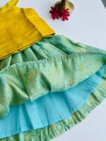 Banarasi Pattu Pavadai Set - Mustard Yellow & Mint Green - Image 5