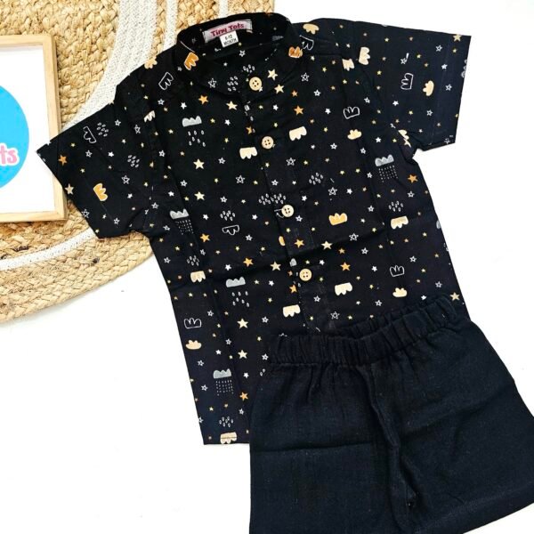 Baby Boy Black Printed Shirt & Black Shorts Set – Cute Star and Cloud Design
