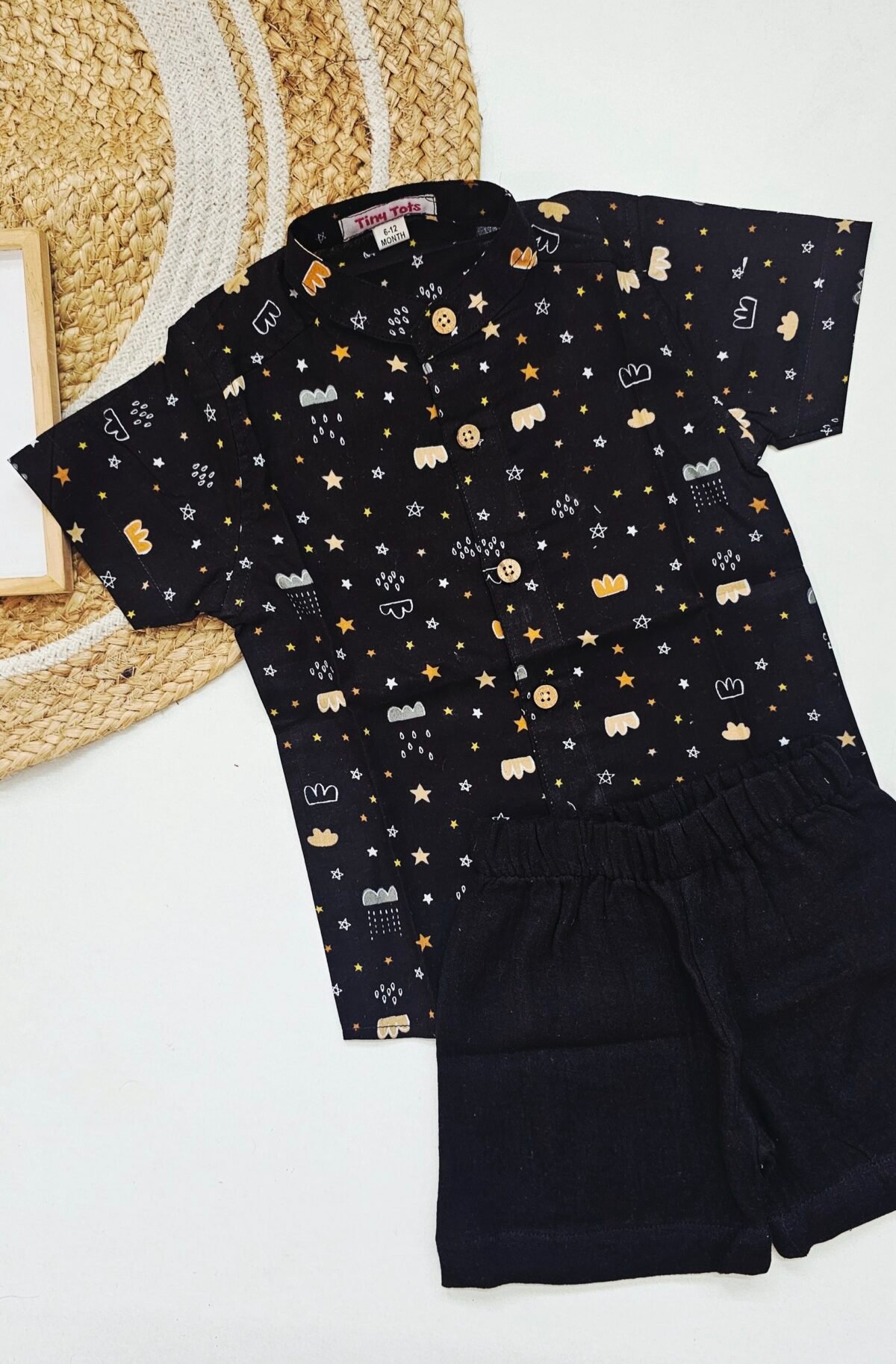 Baby Boy Black Printed Shirt & Black Shorts Set – Cute Star and Cloud Design - Image 2