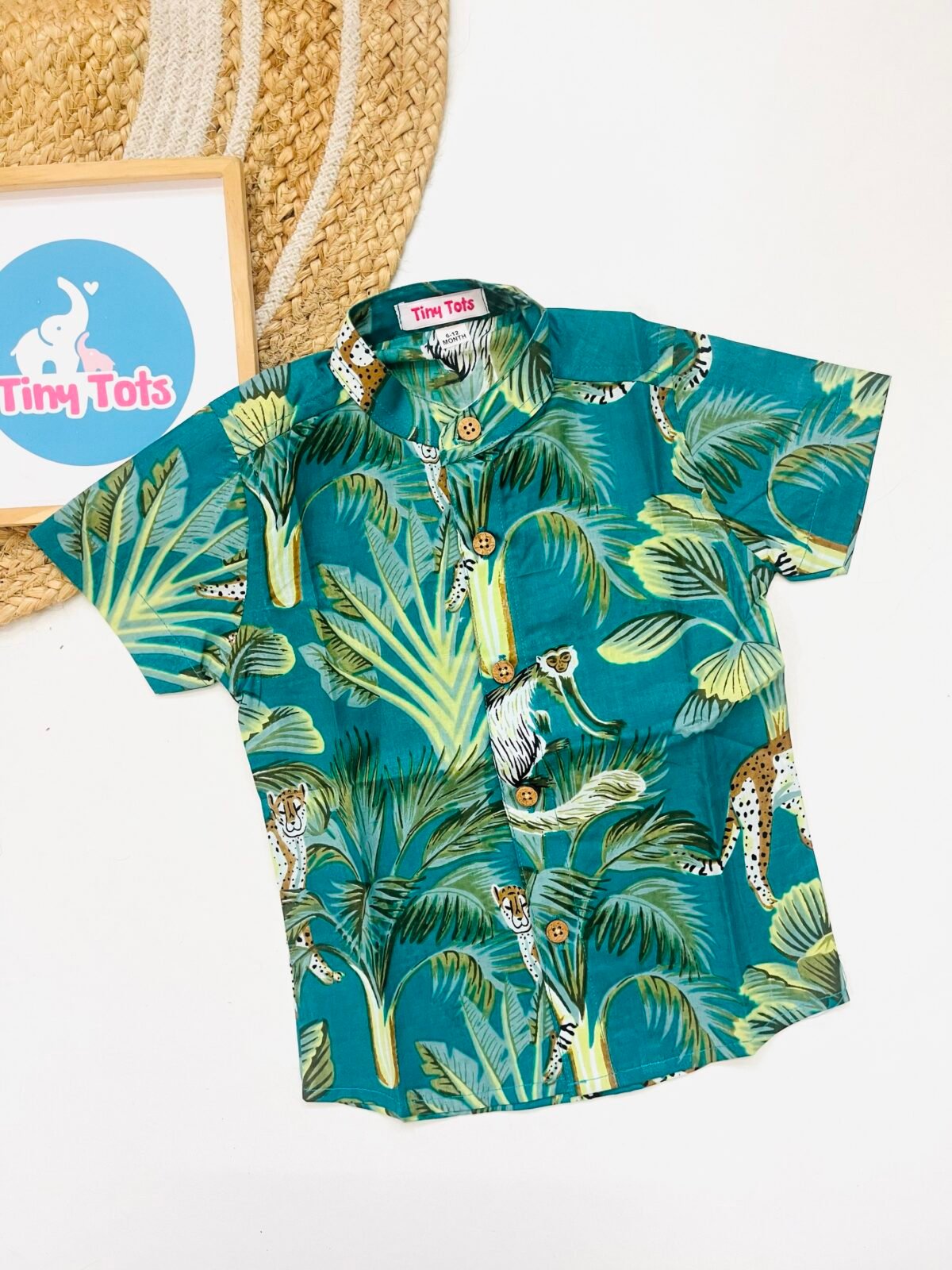 Baby Boy Jungle Print Shirt – Teal Green Safari Theme - Image 2