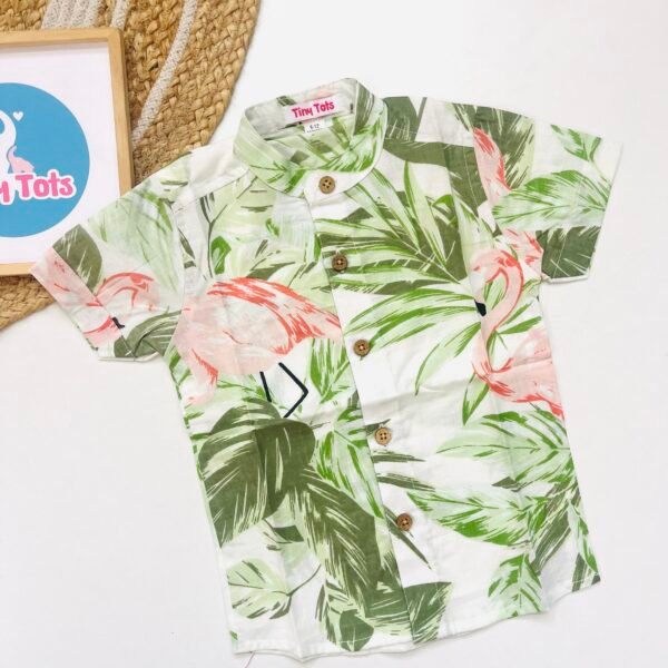 Baby Boy Tropical Flamingo Print Shirt – White and Green Summer Style