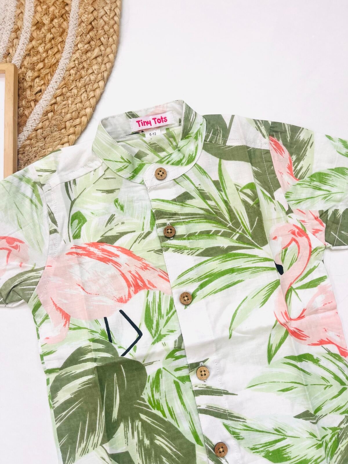 Baby Boy Tropical Flamingo Print Shirt – White and Green Summer Style - Image 2