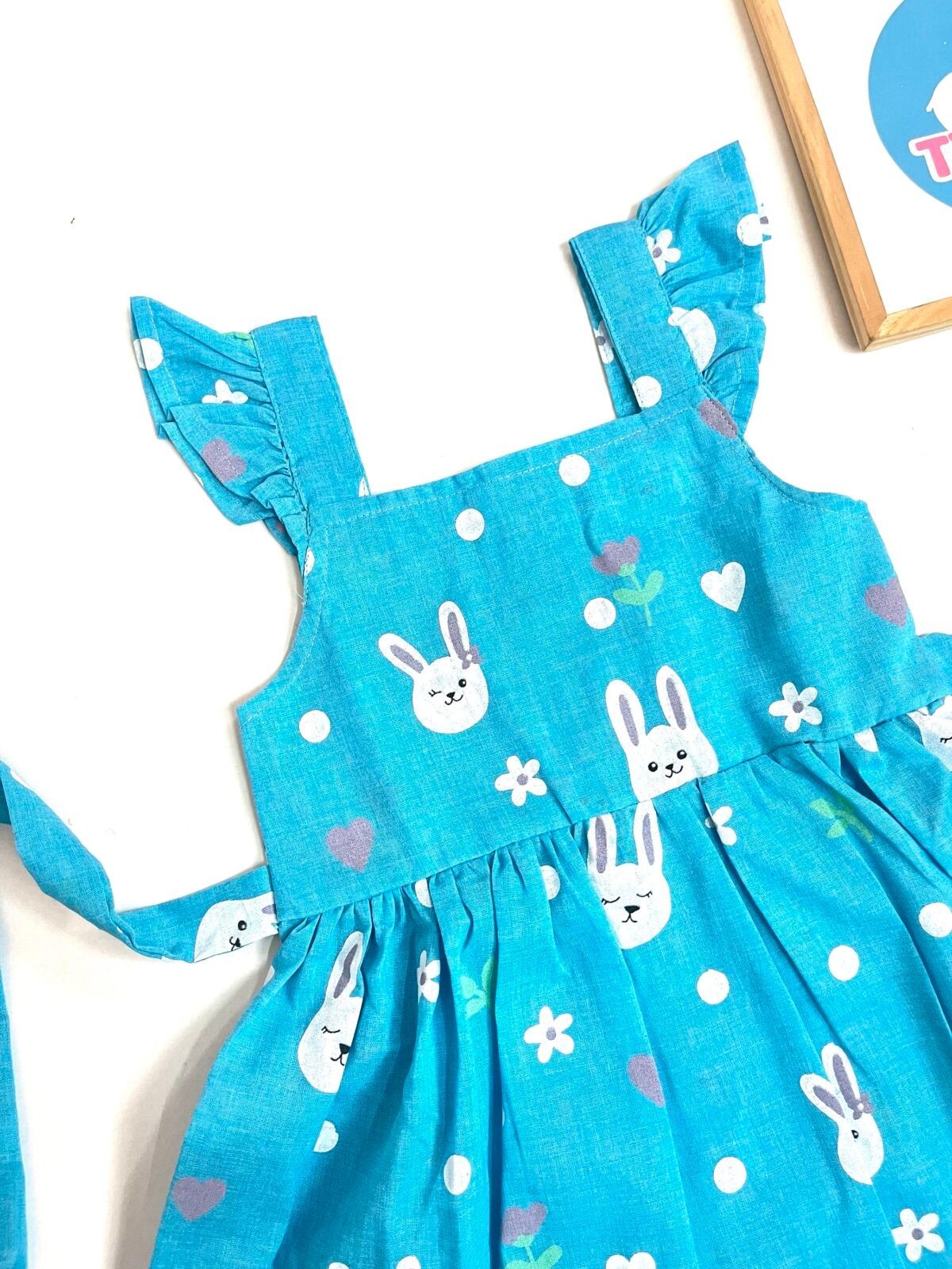 Cute Bunny Print Cotton Frock for Baby Girls – Sky Blue - Image 2