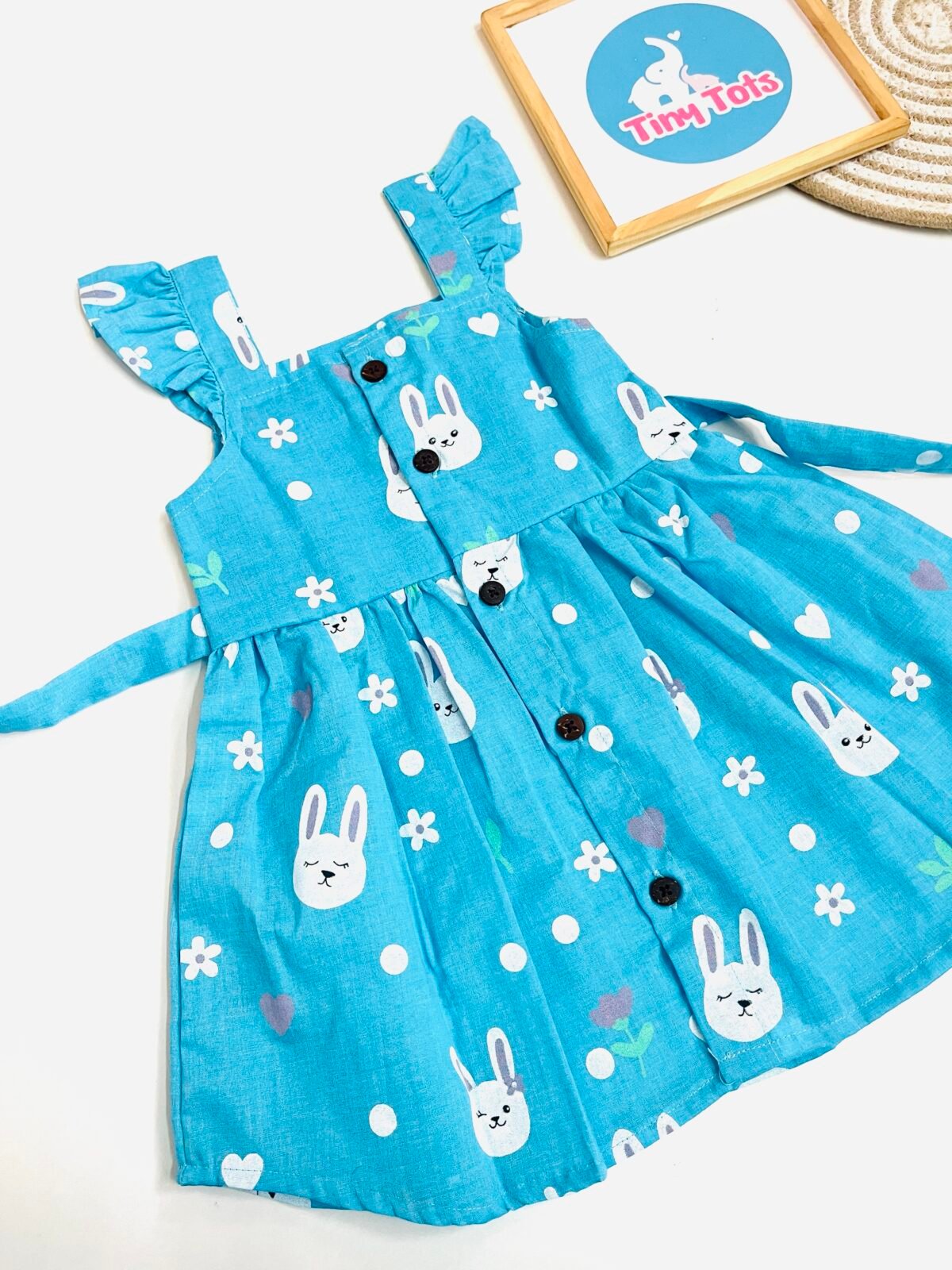 Cute Bunny Print Cotton Frock for Baby Girls – Sky Blue - Image 4