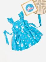 Cute Bunny Print Cotton Frock for Baby Girls – Sky Blue