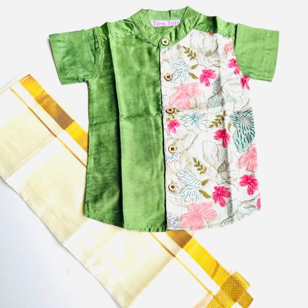 Pistachio Green  Silk Panel Shirt with White Pattu Dhoti for Boys – Traditional Festive Set