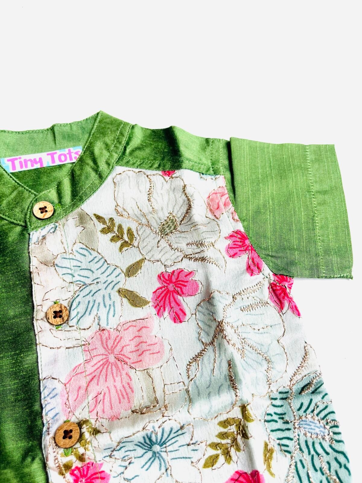 Pistachio Green  Silk Panel Shirt with White Pattu Dhoti for Boys – Traditional Festive Set - Image 2