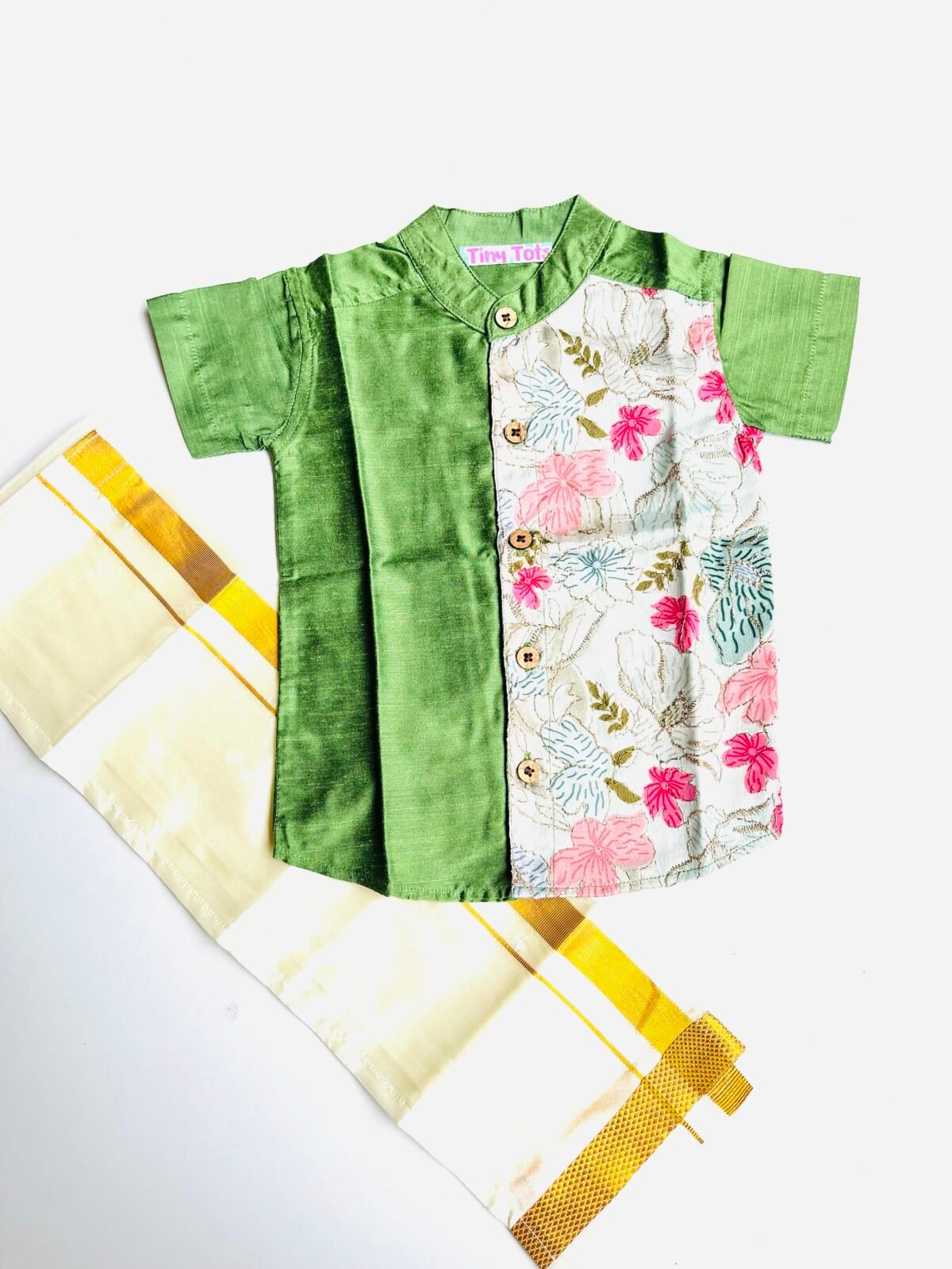 Pistachio Green  Silk Panel Shirt with White Pattu Dhoti for Boys – Traditional Festive Set - Image 3