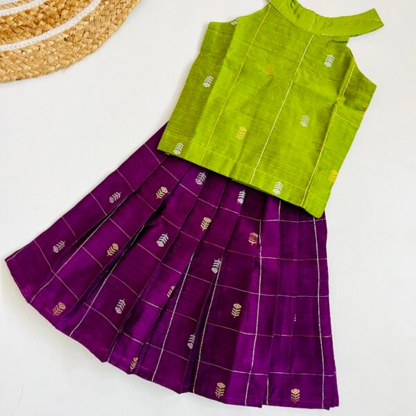 Traditional Raw Silk Pattu Frock Set for Girls – Green & Purple with Back Bow Design