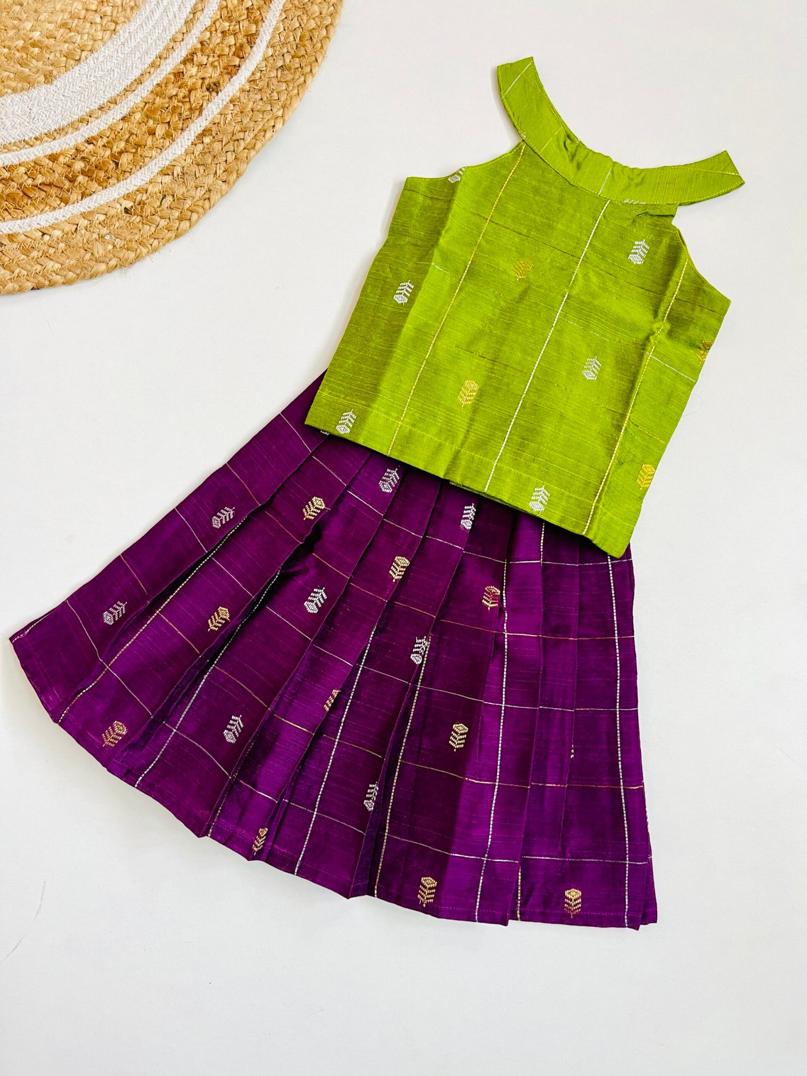 img_6829 Traditional Raw Silk Pattu Frock Set for Girls – Green & Purple with Back Bow Design - Image 1