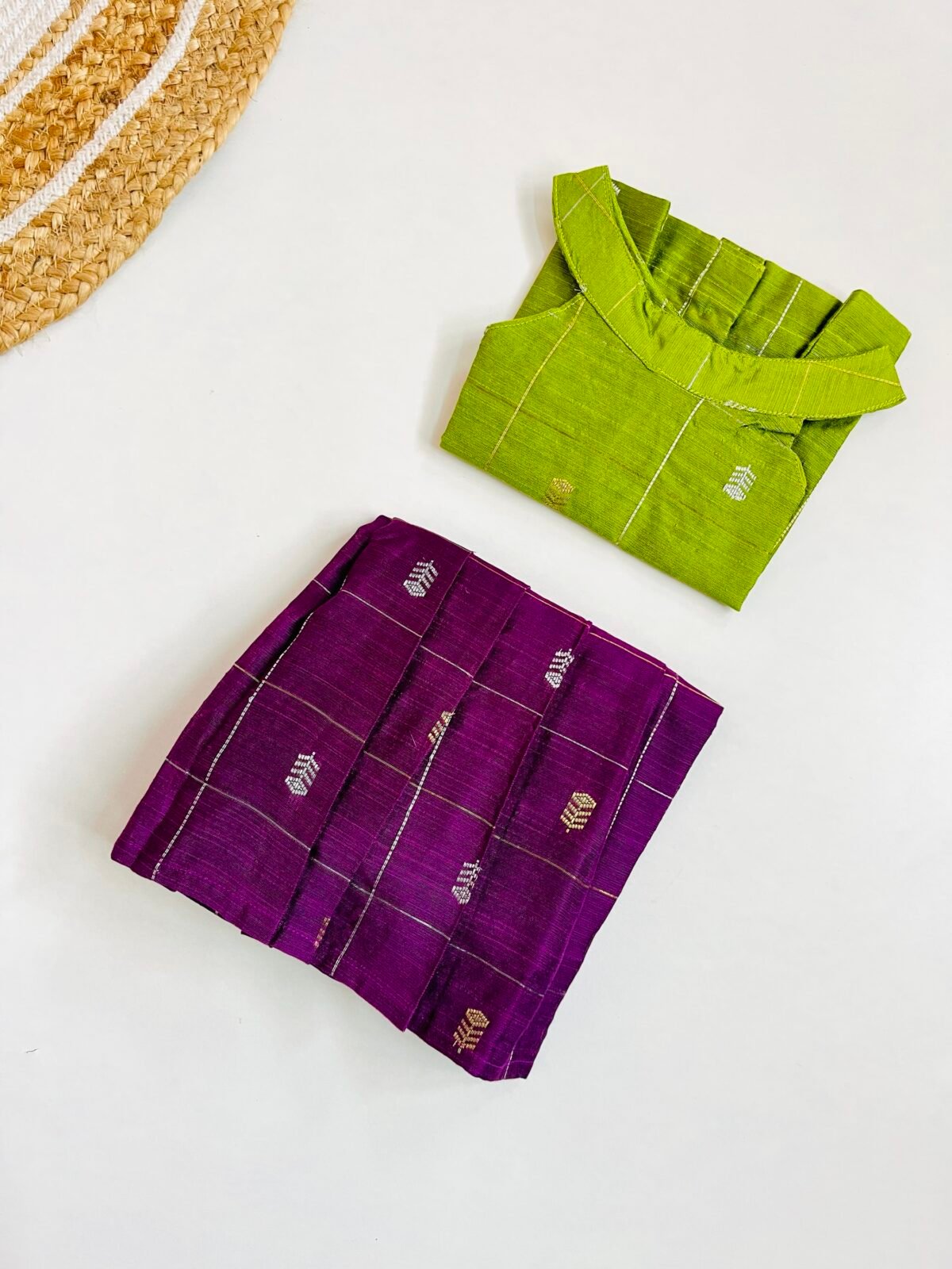 Traditional Raw Silk Pattu Frock Set for Girls – Green & Purple with Back Bow Design - Image 3