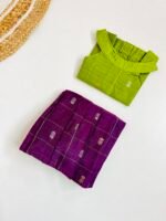 Traditional Raw Silk Pattu Frock Set for Girls – Green & Purple with Back Bow Design - Image 3