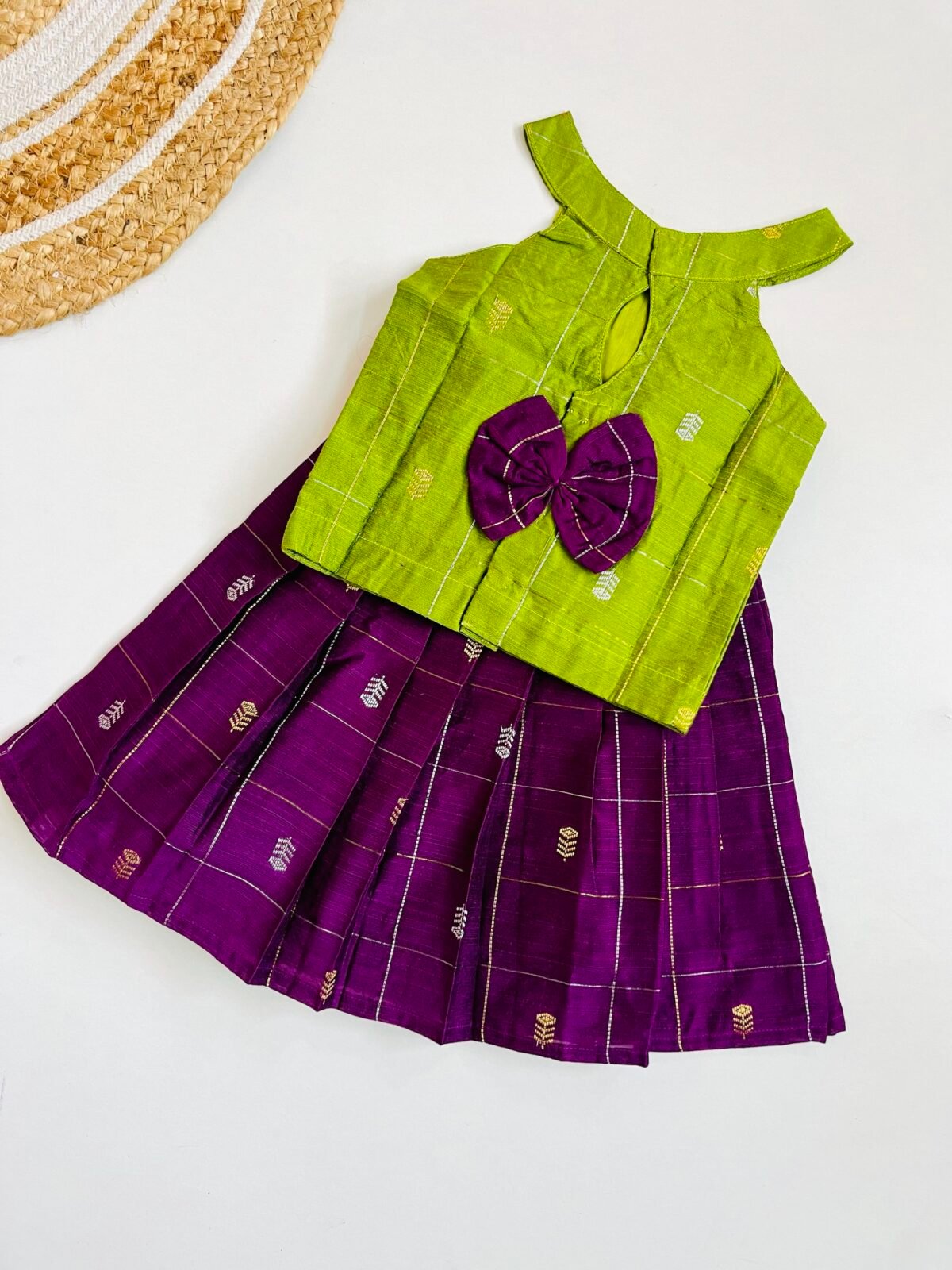 Traditional Raw Silk Pattu Frock Set for Girls – Green & Purple with Back Bow Design - Image 2