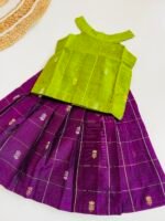 Traditional Raw Silk Pattu Frock Set for Girls – Green & Purple with Back Bow Design - Image 4