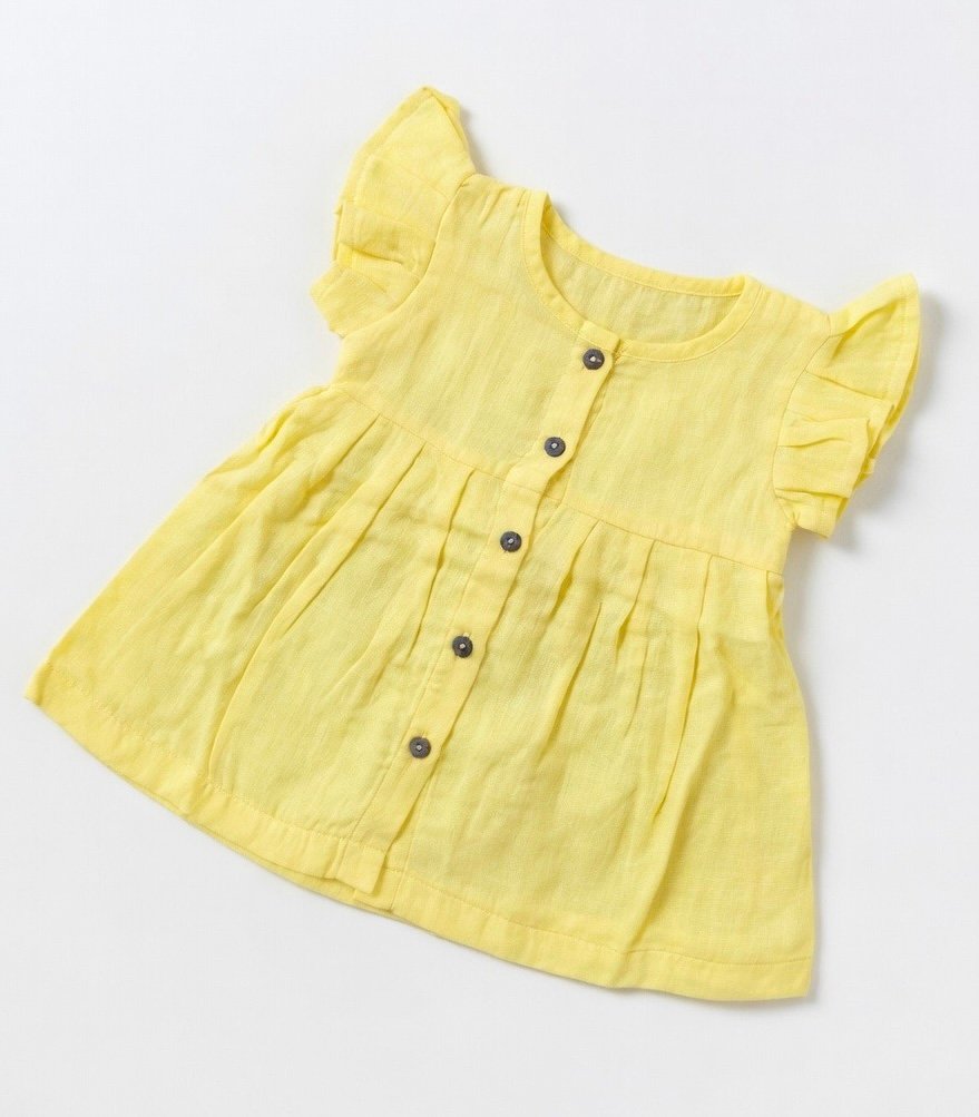 img_3136-2 Yellow Muslin Baby Frock with Wooden Buttons – Soft & Stylish - Image 1