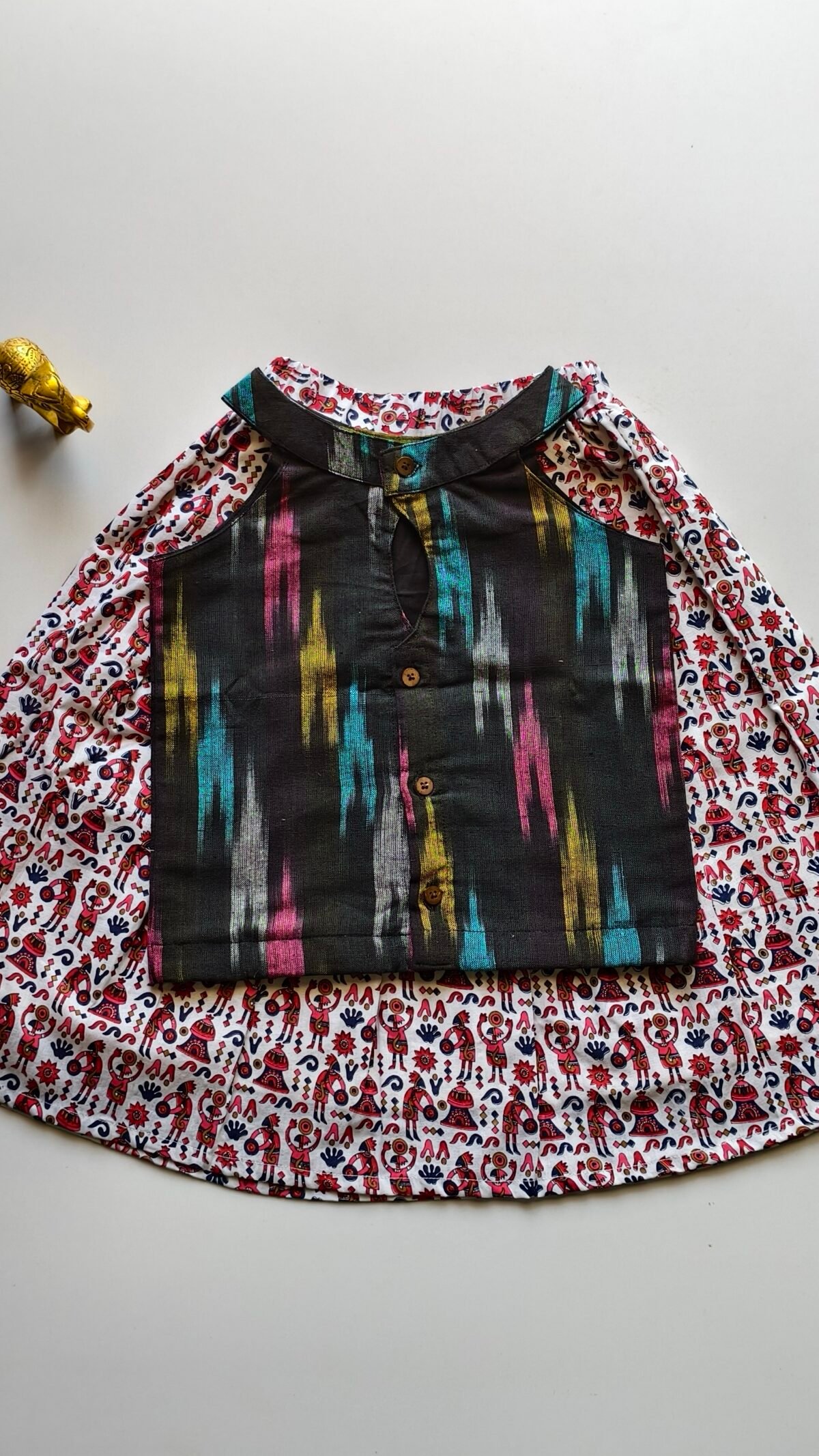 Midnight Black Ikat Top with Folk Print Skirt Set - Image 2