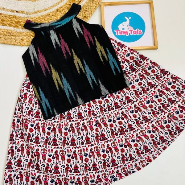 Midnight Black Ikat Top with Folk Print Skirt Set