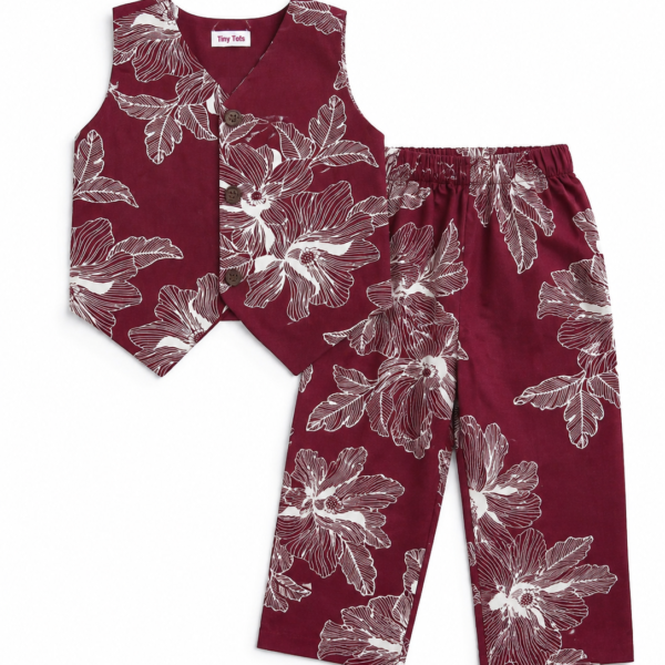 Maroon Floral Cotton Co-Ord Set for Kids Baby Girls