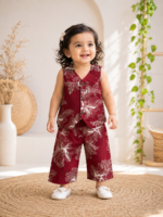 Maroon Floral Cotton Co-Ord Set for Kids Baby Girls - Image 2