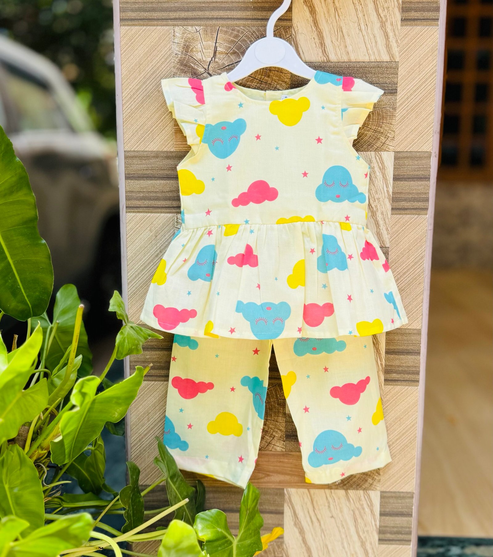 img_4764 Dreamy Cloud Print Cotton Co-ord Set for Baby Girls - Image 1
