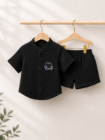 Crinkle Muslin Baby Boys Co-ord Set – Classic Black Shirt & Shorts