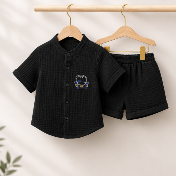 Crinkle Muslin Baby Boys Co-ord Set – Classic Black Shirt & Shorts
