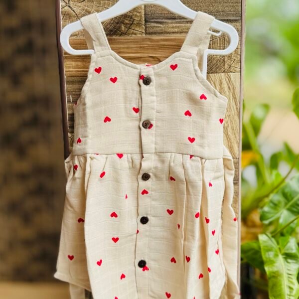 A Cream Red Heart Print  - Muslin Ria Frock
