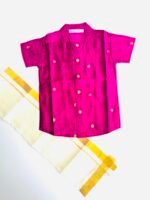 Rani Pink Silk Butta Shirt with White Pattu Dhoti for Boys – Traditional Festive Set