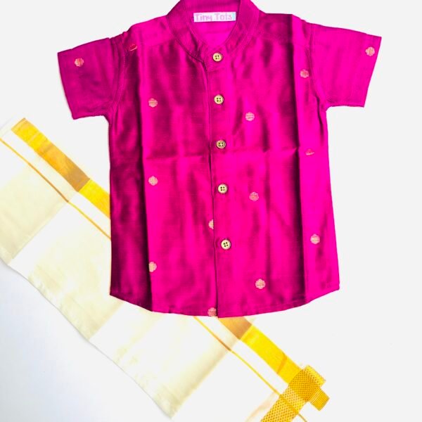 Rani Pink Silk Butta Shirt with White Pattu Dhoti for Boys – Traditional Festive Set