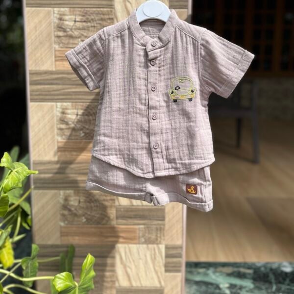 Crinkle Muslin Baby Boys Co-ord Set – Mocha Brown Shirt & Shorts