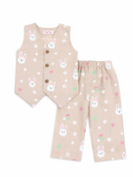 Beige Bunny Print Muslin Cotton Co-Ord Set for Baby Girls