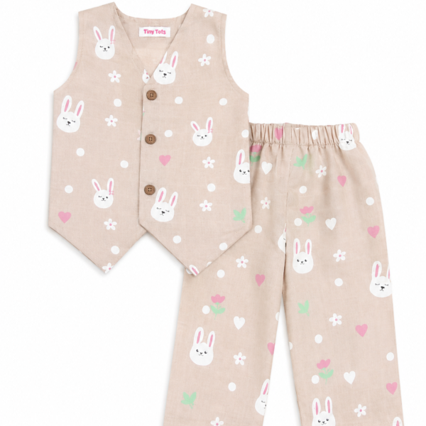 Beige Bunny Print Muslin Cotton Co-Ord Set for Baby Girls
