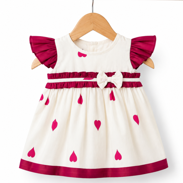 Heart Print Tissue Party Frock with Soft Cotton Lining – Wine & Ivory