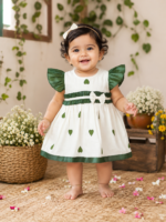 Heart Print Tissue Party Frock with Soft Cotton Lining – Olive Green & Ivory - Image 2