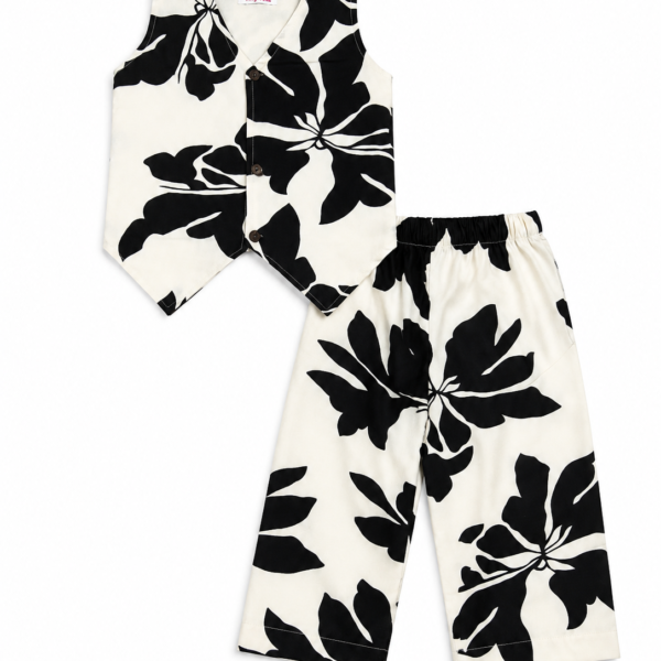 Black & Half White Floral Cotton Co-Ord Set for Baby Girls