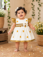 Heart Print Tissue Party Frock with Soft Cotton Lining – Mustard & Ivory - Image 2