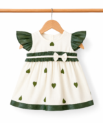Heart Print Tissue Party Frock with Soft Cotton Lining – Olive Green & Ivory