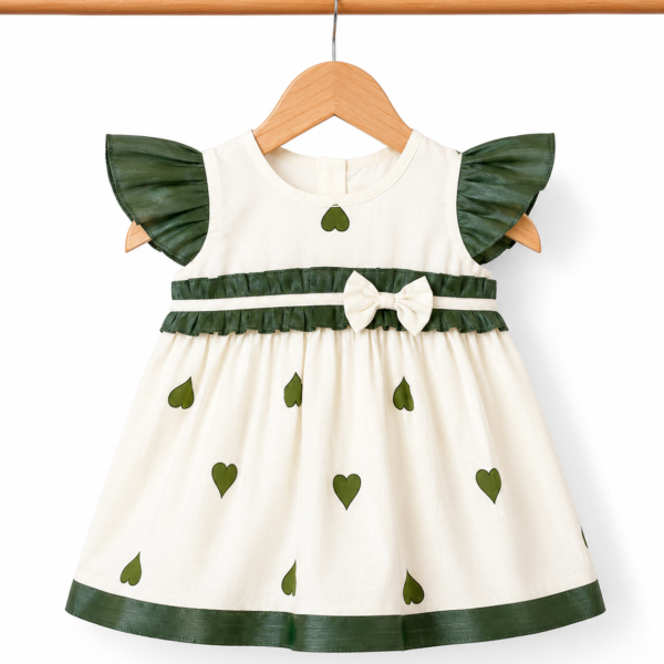 Heart Print Tissue Party Frock with Soft Cotton Lining – Olive Green & Ivory