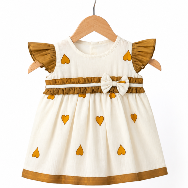 Heart Print Tissue Party Frock with Soft Cotton Lining – Mustard & Ivory